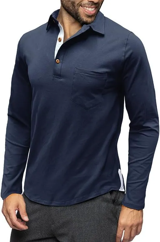 Mens Polo Shirts Long Sleeve Vintage T-Shirt with Pocket Casual Slim Fit Basic Tees Solid Button Down Undershirts