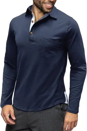 Mens Polo Shirts Long Sleeve Vintage T-Shirt with Pocket Casual Slim Fit Basic Tees Solid Button Down Undershirts