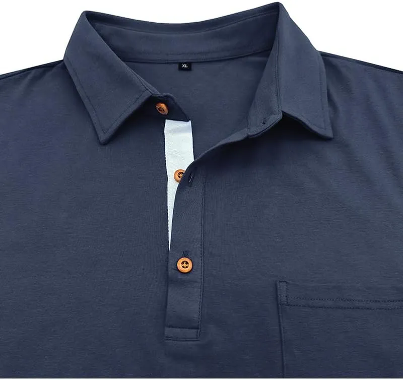 Mens Polo Shirts Long Sleeve Vintage T-Shirt with Pocket Casual Slim Fit Basic Tees Solid Button Down Undershirts