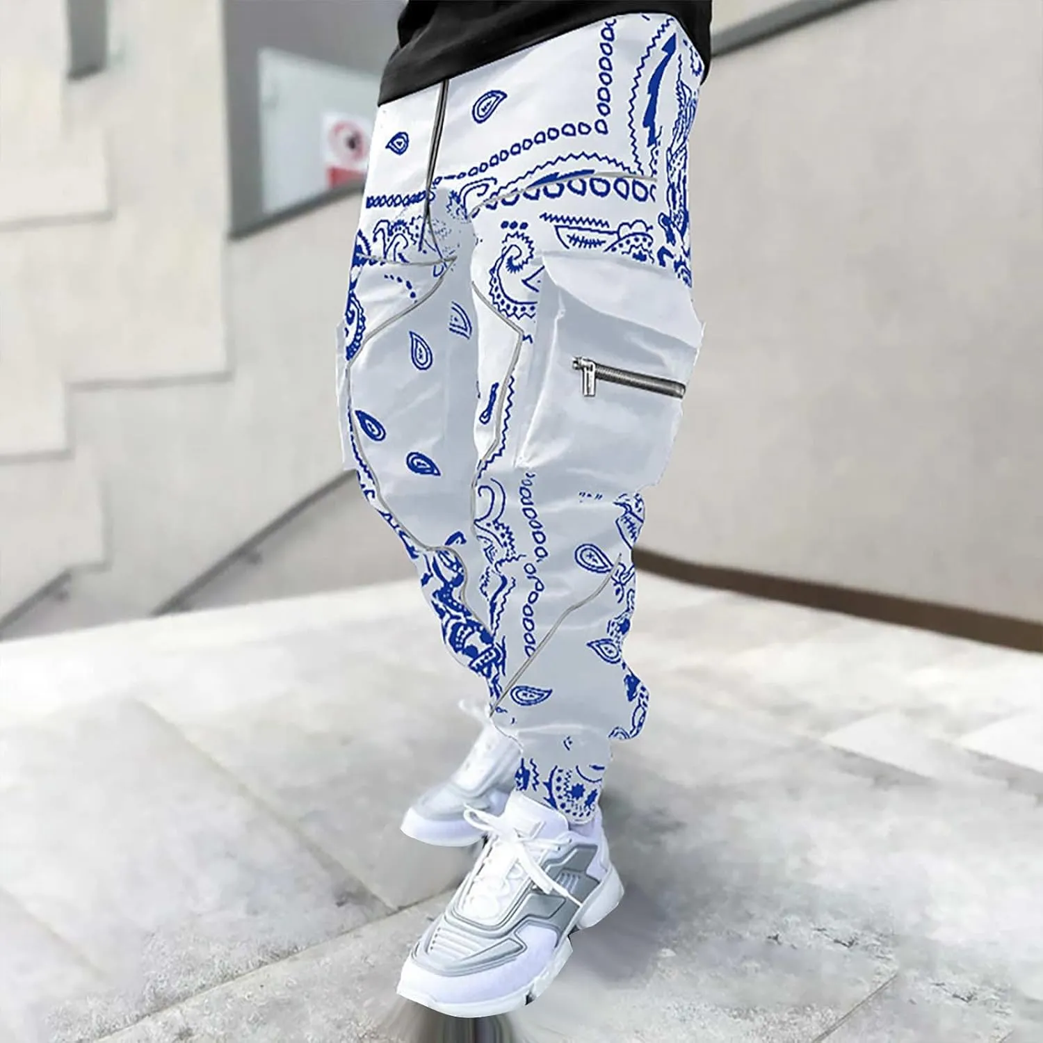 Mens Punk Cargo Pants Baggy Techwear Streetwear Paisley Hip Hop Loose Harem Jogger Pants Military Tactical Track Pant