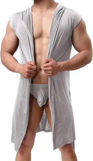 Men's Satin Robe Solid Sexy Silk Spa Sleeveless Homewear Kimono Bathrobe Lightweight Comfy Sleepwear Casual Pajamas