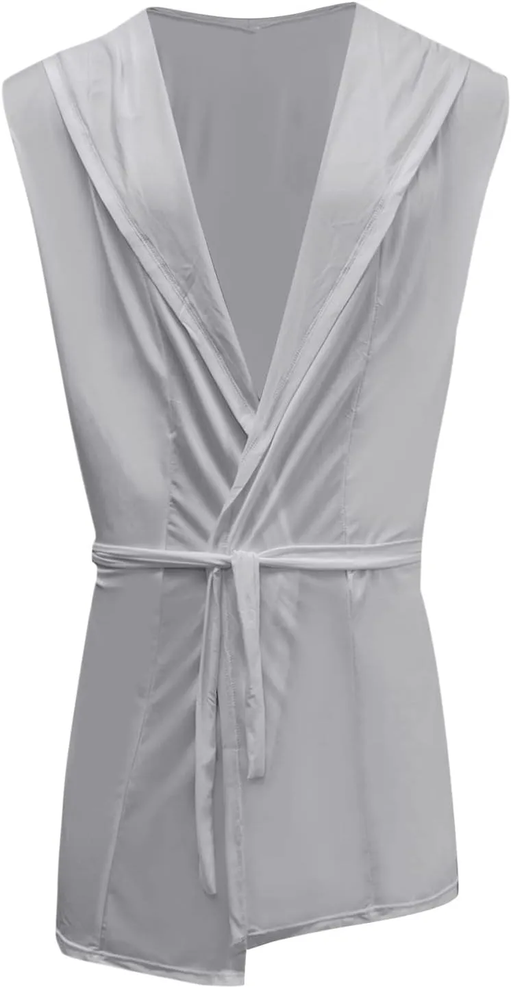 Men's Satin Robe Solid Sexy Silk Spa Sleeveless Homewear Kimono Bathrobe Lightweight Comfy Sleepwear Casual Pajamas