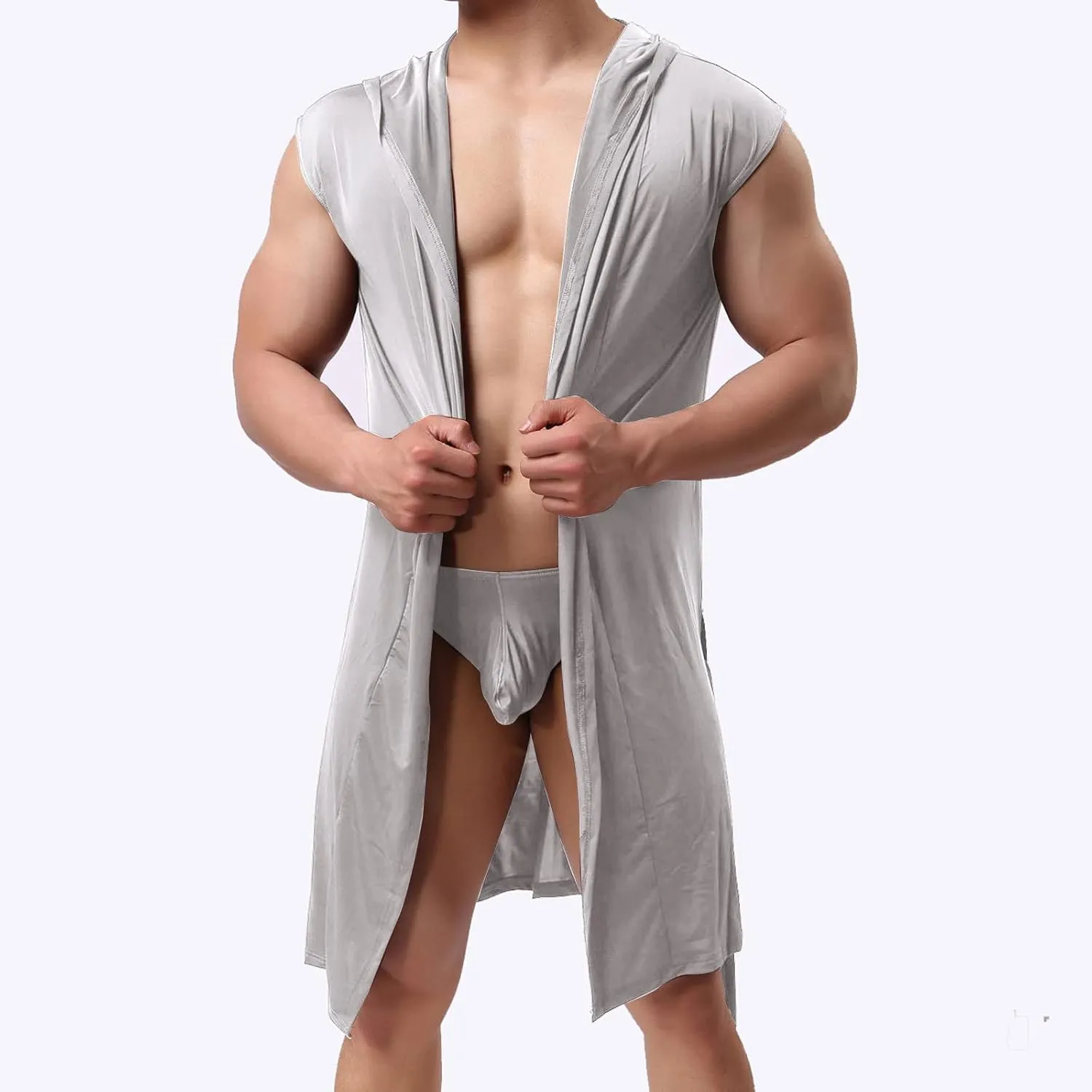 Men's Satin Robe Solid Sexy Silk Spa Sleeveless Homewear Kimono Bathrobe Lightweight Comfy Sleepwear Casual Pajamas