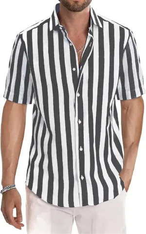 Mens Shirts Short Sleeves Lapel Casual Tshirts Fashion V Neck Tops Stylish Cuffs Neckline Stripe Tees Beach Summer