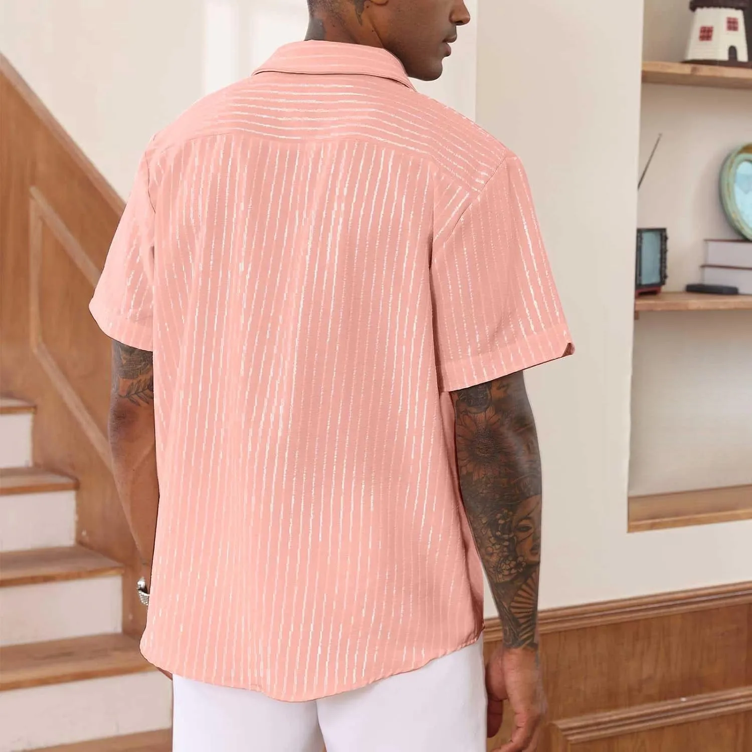 Mens Short Sleeve Hippie Guayabera Linen Shirts Casual Striped Button Down Longline Shirt Summer Beach Hawaiian Shirt