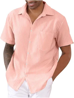 Mens Short Sleeve Hippie Guayabera Linen Shirts Casual Striped Button Down Longline Shirt Summer Beach Hawaiian Shirt