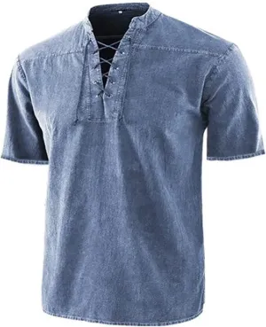 Men's Short Sleeve Pirate Shirt Medieval Retro Lace-up V Neck Stand Collar Tee Shirts Top Vintage Renaissance Costume