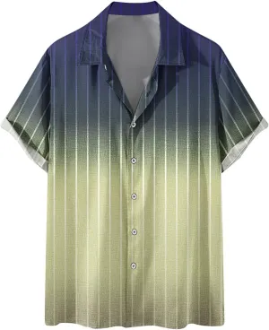 Men's Striped Gradient Hawaiian Shirt Short Sleeve Printed Regular Fit Casual Summer Button Down Lapel Beach Shirts
