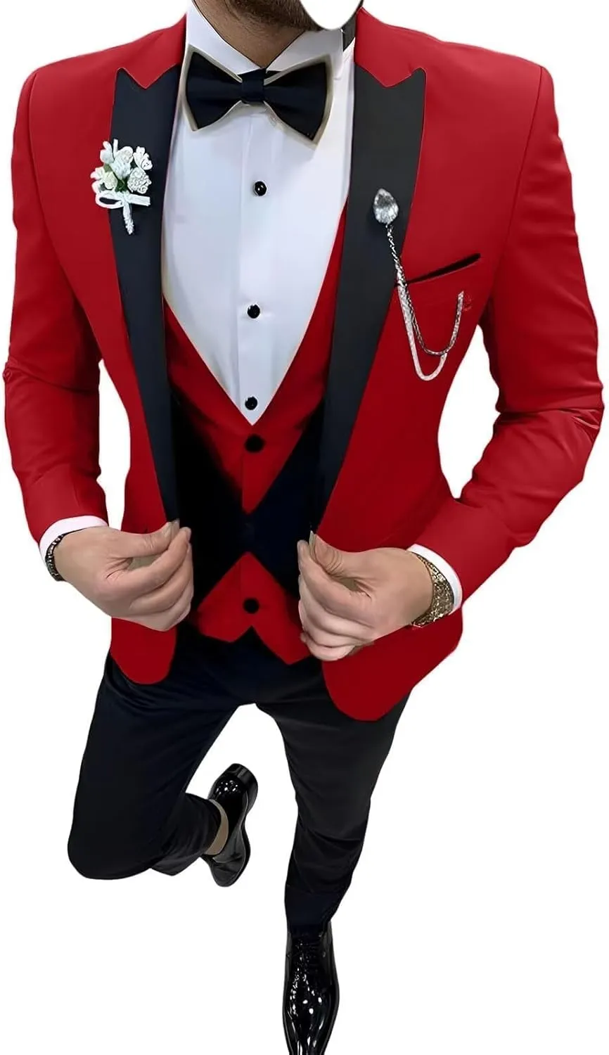 Men's Suit 3 Piece Slim Fit One Button Blazer Formal Business Suit Wedding Dress Tux Suit Set Jacket Vest Pants Suit