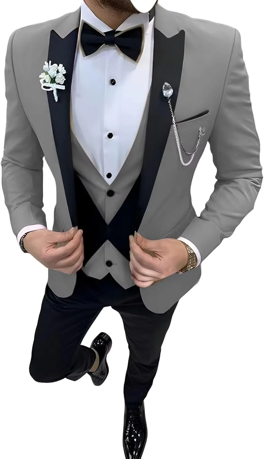 Men's Suit 3 Piece Slim Fit One Button Blazer Formal Business Suit Wedding Dress Tux Suit Set Jacket Vest Pants Suit