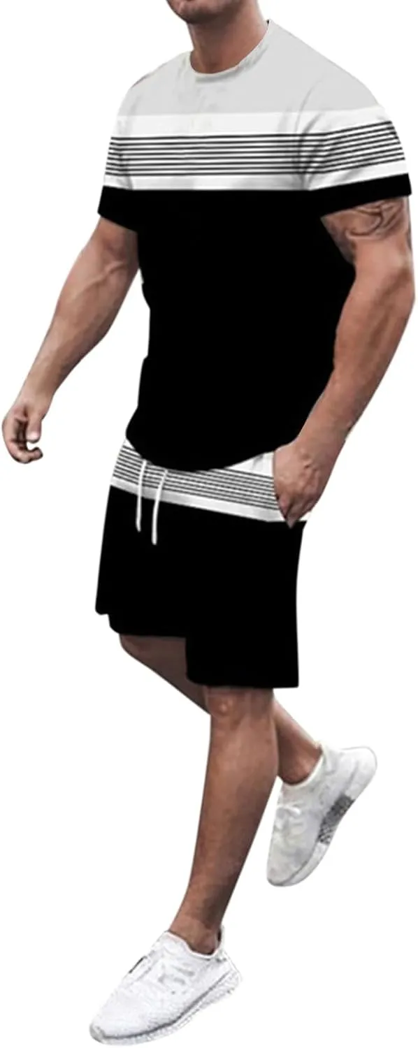Mens Summer Short Sets 2 Piece Outfits Fashion Contrast Graphic Tees and Beach Shorts Set Casual Athletic Tracksuit