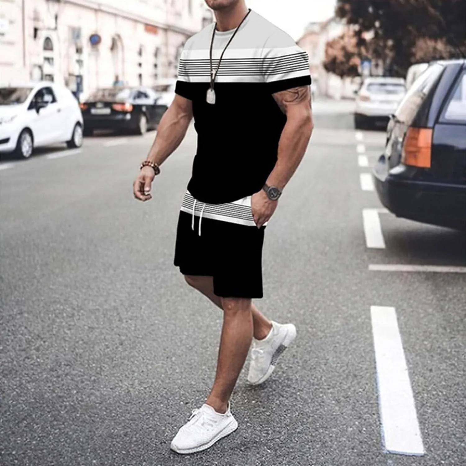 Mens Summer Short Sets 2 Piece Outfits Fashion Contrast Graphic Tees and Beach Shorts Set Casual Athletic Tracksuit