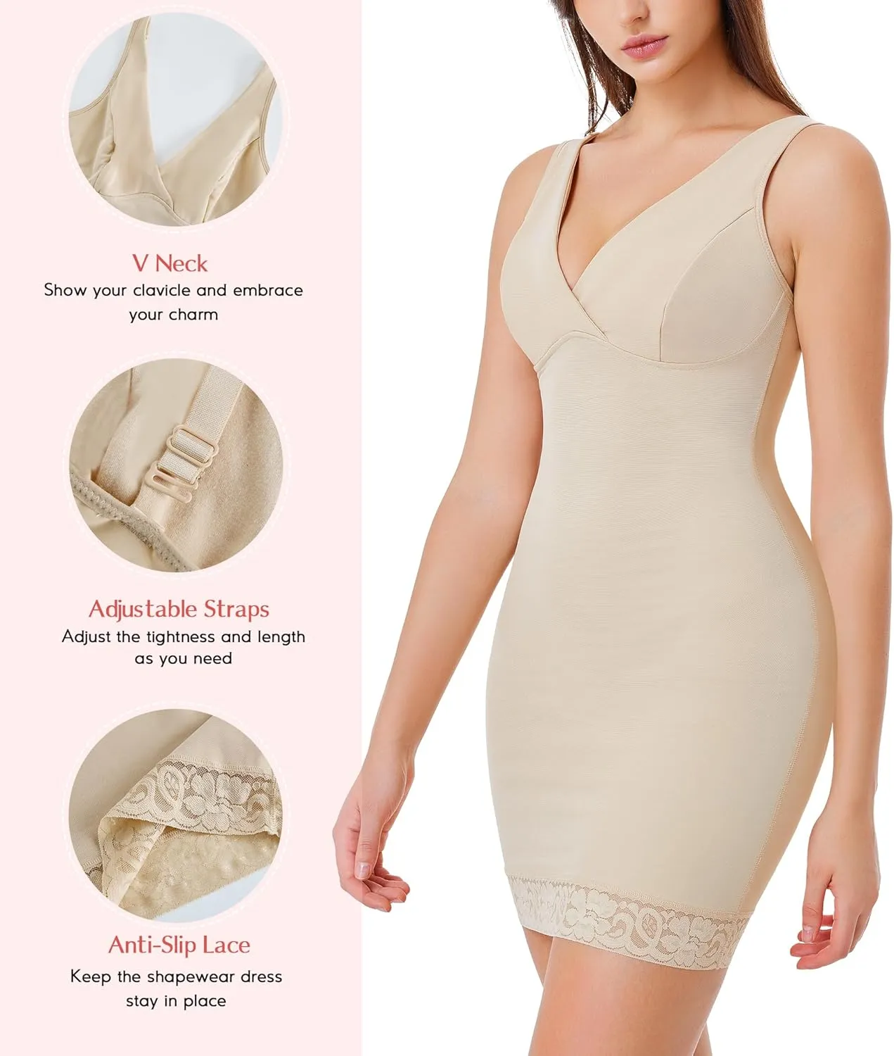 MERYOSZ Body Shaper Dress for Women Shapewear Tummy Control Full Slip Under Dress V Neck Spaghetti Straps Lingerie