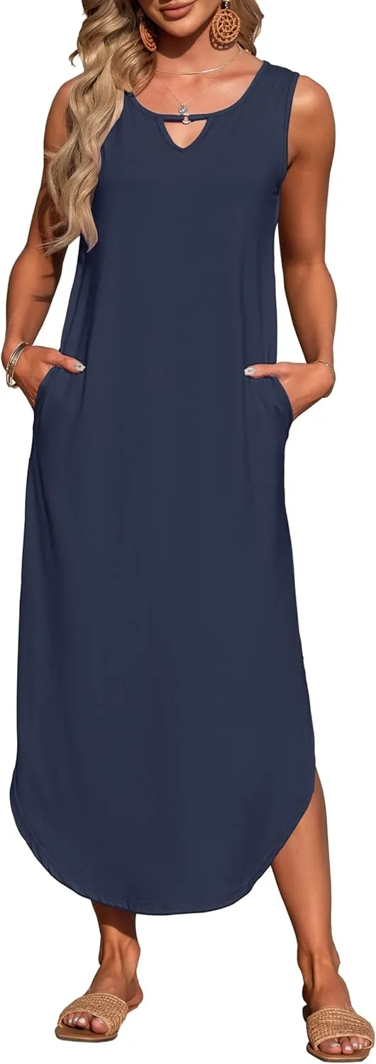 MISFAY Women's Summer Maxi Dress Sleeveless Loose Long Beach Split Dresses with Pockets
