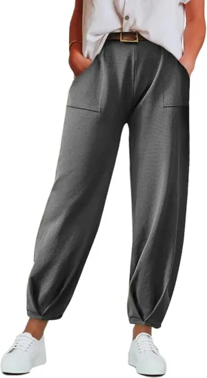 Miyaomn Women's Casual Lantern Tapered Harem Pants Solid Loose Fit Wide Leg Pull-On Ankle Trousers Lounge Slacks with Pockets