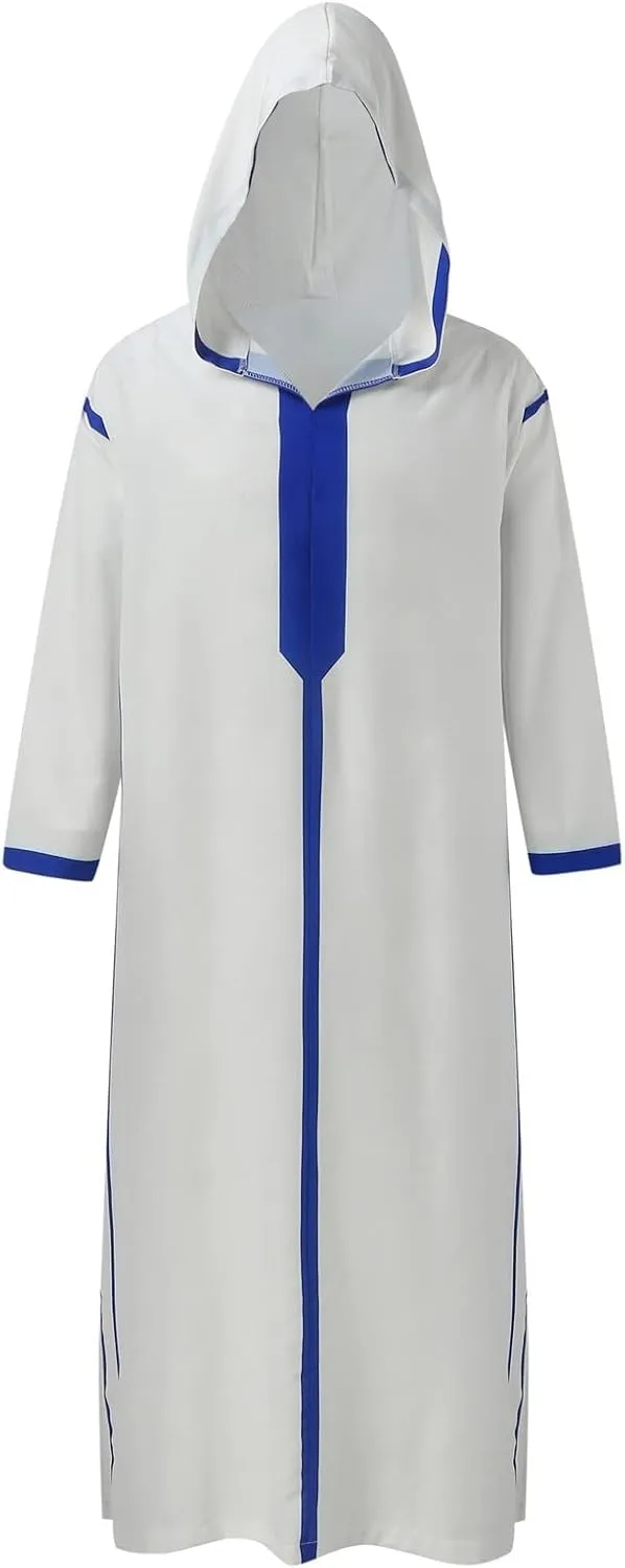 Muslim Clothes for Men Solid Robe with Hood Kaftan Color Block Casual Shirt Long Sleeve Nightgown Pakistani Thobe