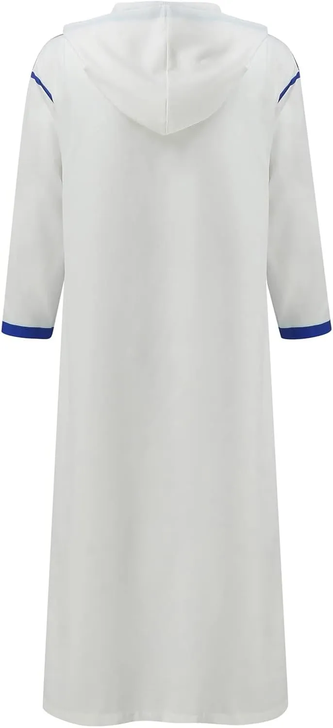 Muslim Clothes for Men Solid Robe with Hood Kaftan Color Block Casual Shirt Long Sleeve Nightgown Pakistani Thobe