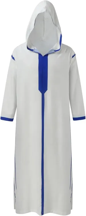 Muslim Clothes for Men Solid Robe with Hood Kaftan Color Block Casual Shirt Long Sleeve Nightgown Pakistani Thobe