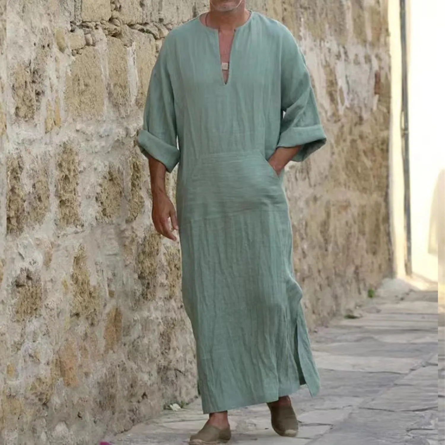 Muslim Robe Kaftan for Men Long Sleeve Solid V Neck Shirts Linen Kaftan Muslim Long Gown Side Split Ethnic Thobe Robe