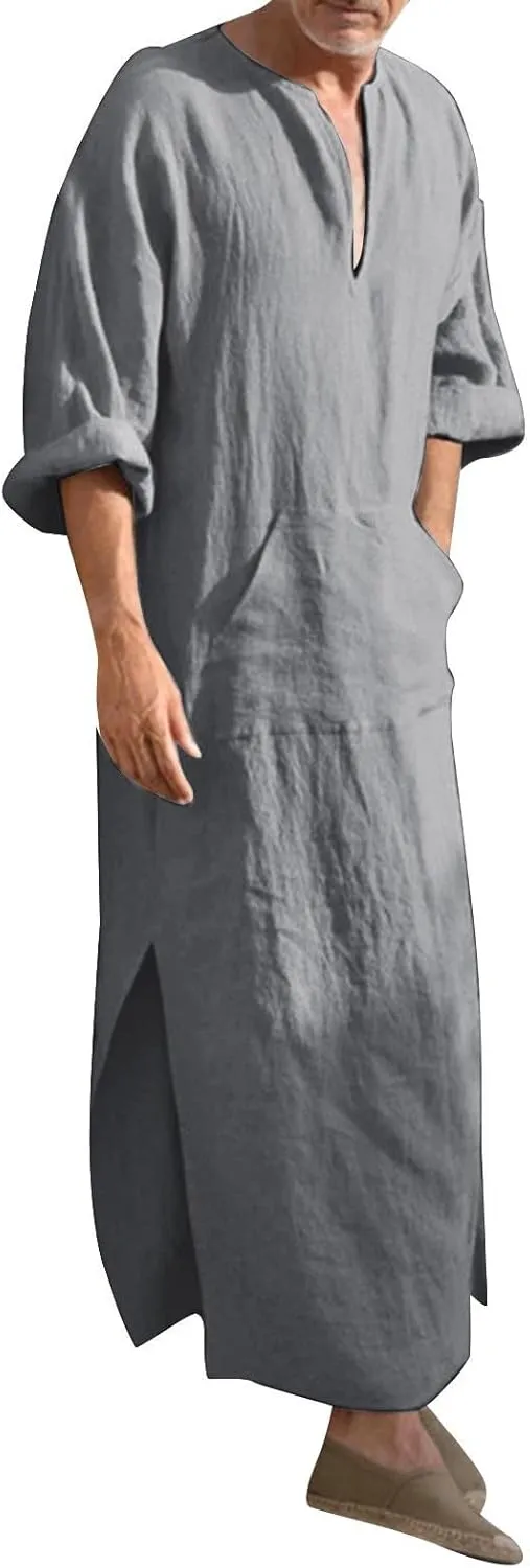 Muslim Robe Kaftan for Men Long Sleeve Solid V Neck Shirts Linen Kaftan Muslim Long Gown Side Split Ethnic Thobe Robe