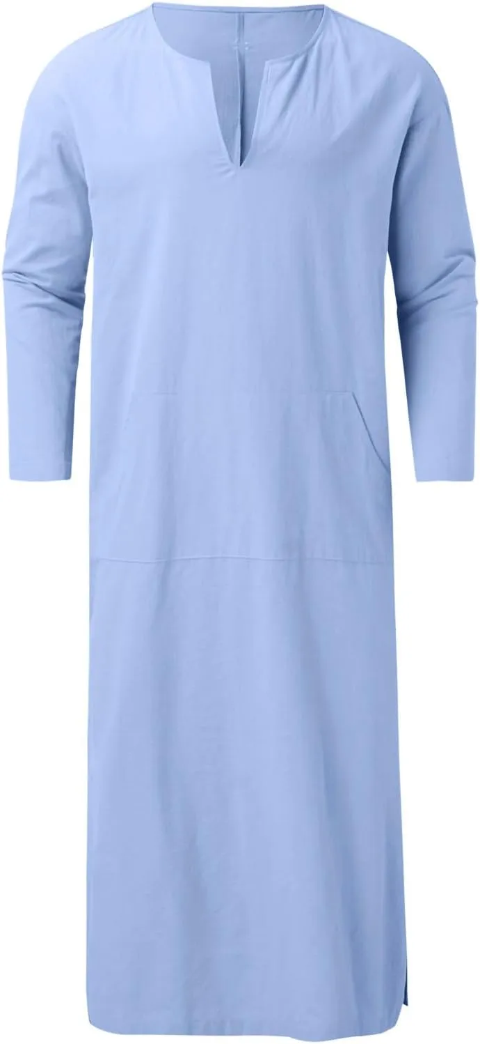 Muslim Robe Kaftan for Men Long Sleeve Solid V Neck Shirts Linen Kaftan Muslim Long Gown Side Split Ethnic Thobe Robe