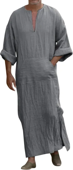 Muslim Robe Kaftan for Men Long Sleeve Solid V Neck Shirts Linen Kaftan Muslim Long Gown Side Split Ethnic Thobe Robe