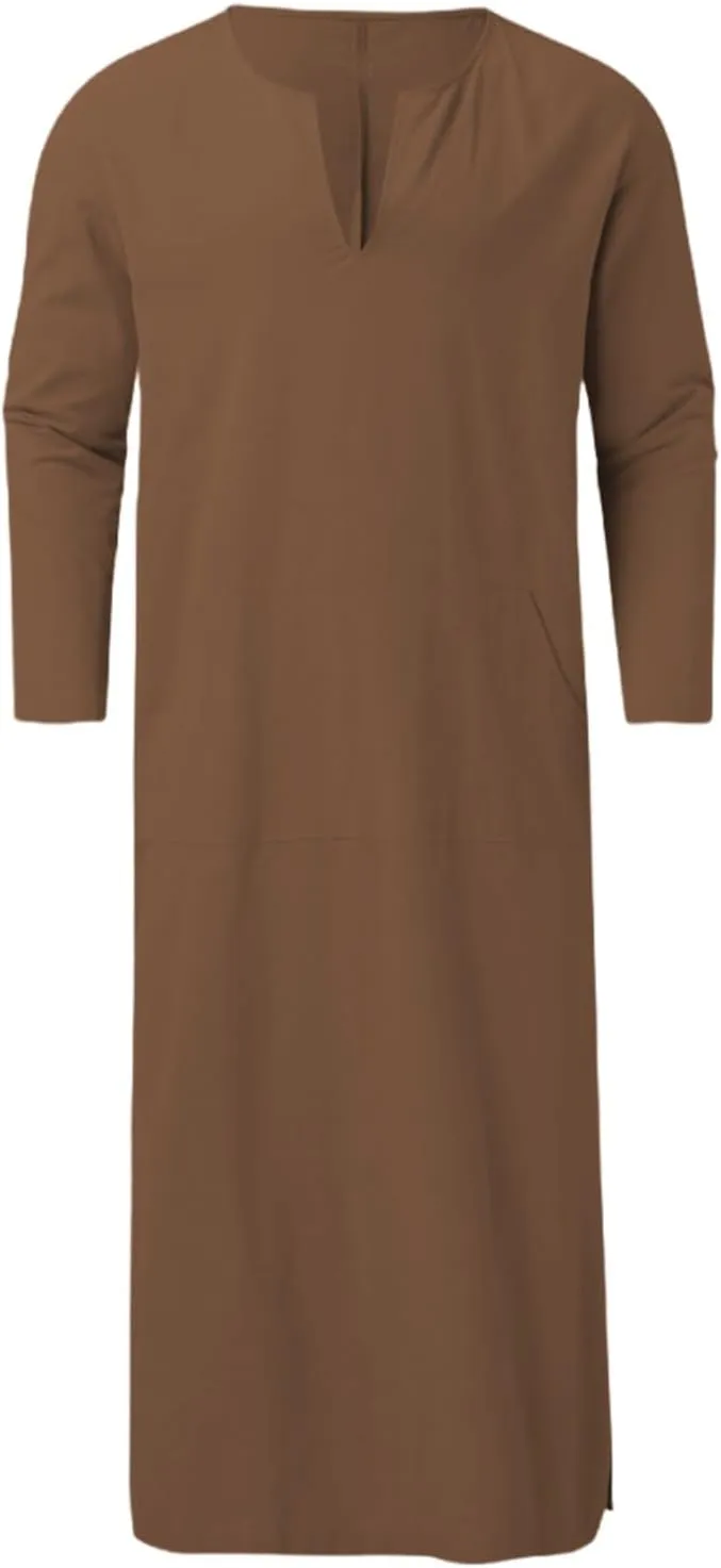 Muslim Robe Kaftan for Men Long Sleeve Solid V Neck Shirts Linen Kaftan Muslim Long Gown Side Split Ethnic Thobe Robe