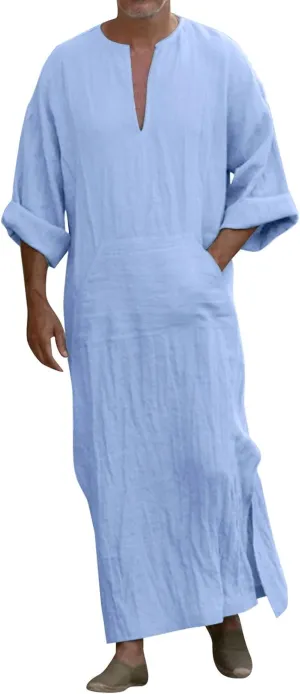 Muslim Robe Kaftan for Men Long Sleeve Solid V Neck Shirts Linen Kaftan Muslim Long Gown Side Split Ethnic Thobe Robe