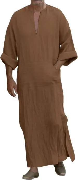 Muslim Robe Kaftan for Men Long Sleeve Solid V Neck Shirts Linen Kaftan Muslim Long Gown Side Split Ethnic Thobe Robe