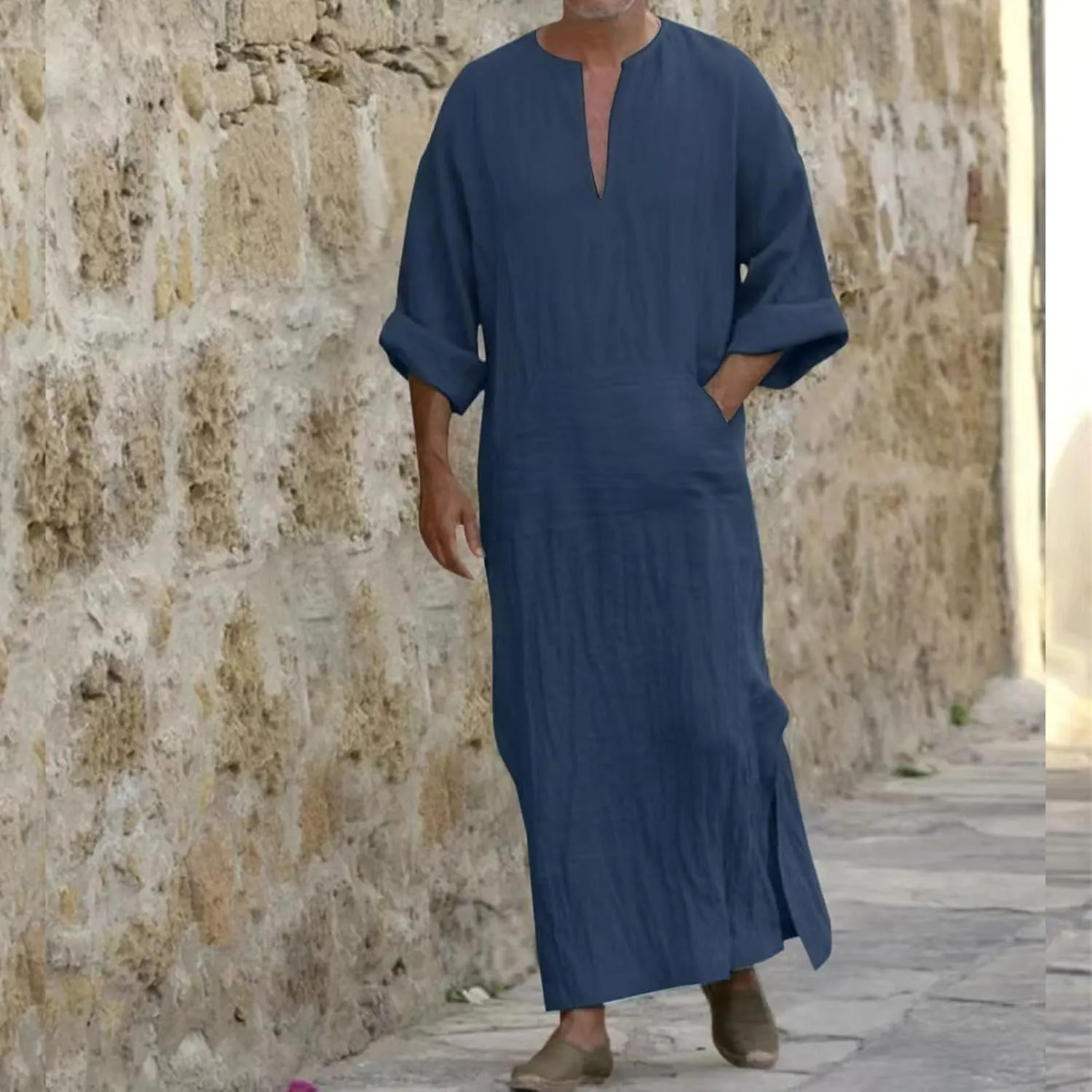 Muslim Robe Kaftan for Men Long Sleeve Solid V Neck Shirts Linen Kaftan Muslim Long Gown Side Split Ethnic Thobe Robe