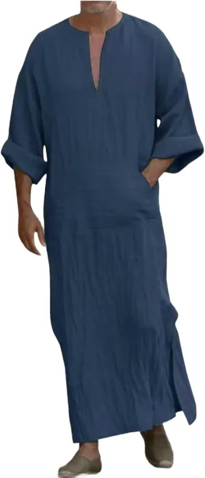 Muslim Robe Kaftan for Men Long Sleeve Solid V Neck Shirts Linen Kaftan Muslim Long Gown Side Split Ethnic Thobe Robe