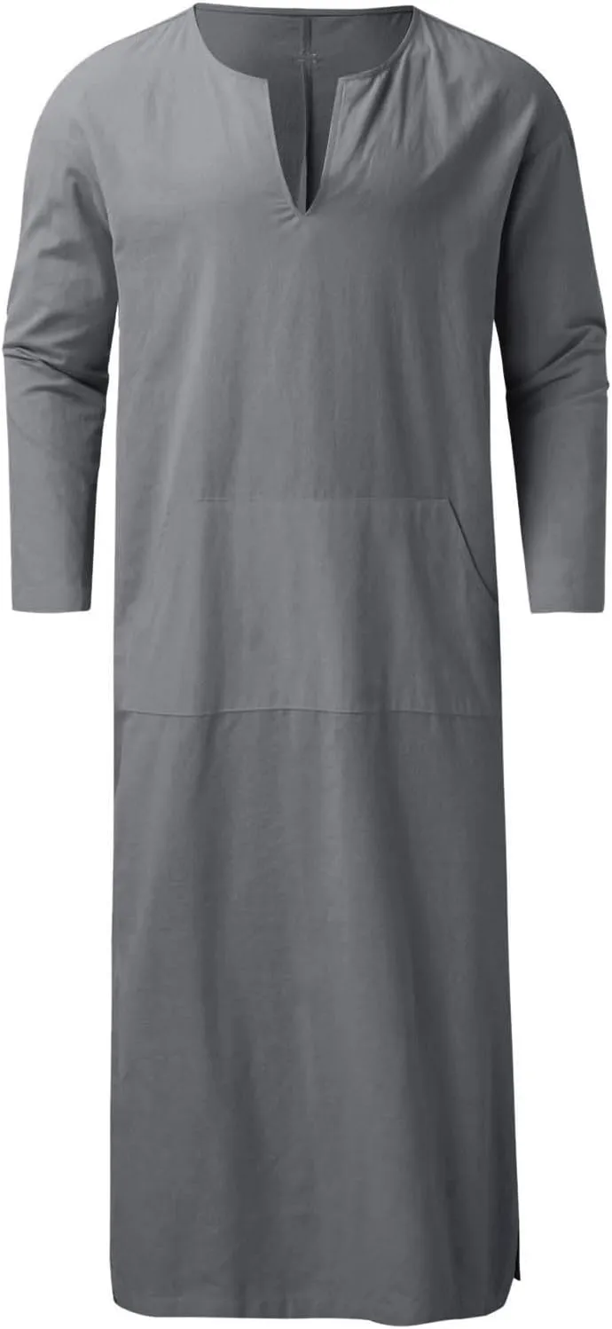 Muslim Robe Kaftan for Men Long Sleeve Solid V Neck Shirts Linen Kaftan Muslim Long Gown Side Split Ethnic Thobe Robe