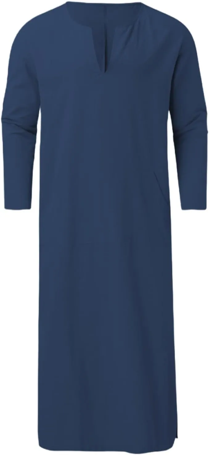 Muslim Robe Kaftan for Men Long Sleeve Solid V Neck Shirts Linen Kaftan Muslim Long Gown Side Split Ethnic Thobe Robe