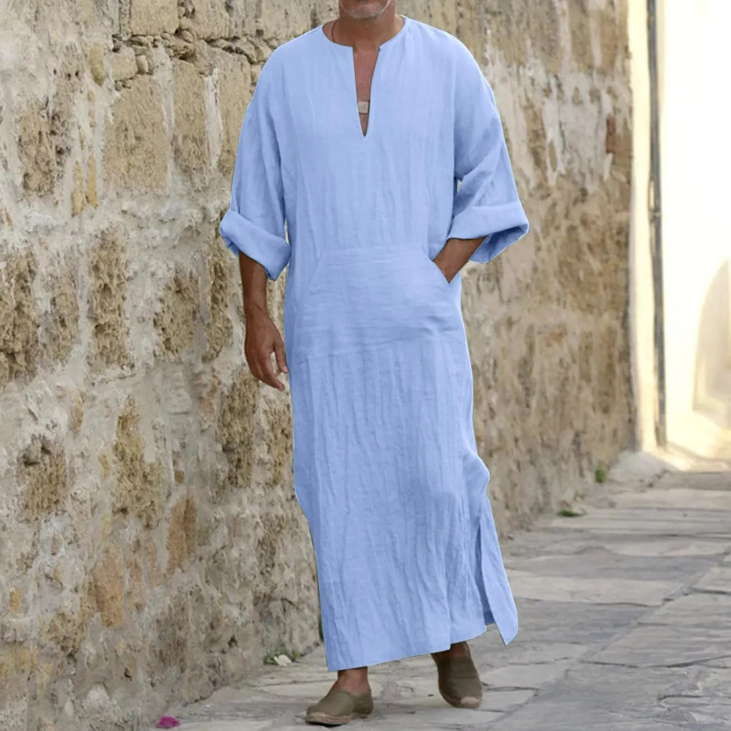 Muslim Robe Kaftan for Men Long Sleeve Solid V Neck Shirts Linen Kaftan Muslim Long Gown Side Split Ethnic Thobe Robe