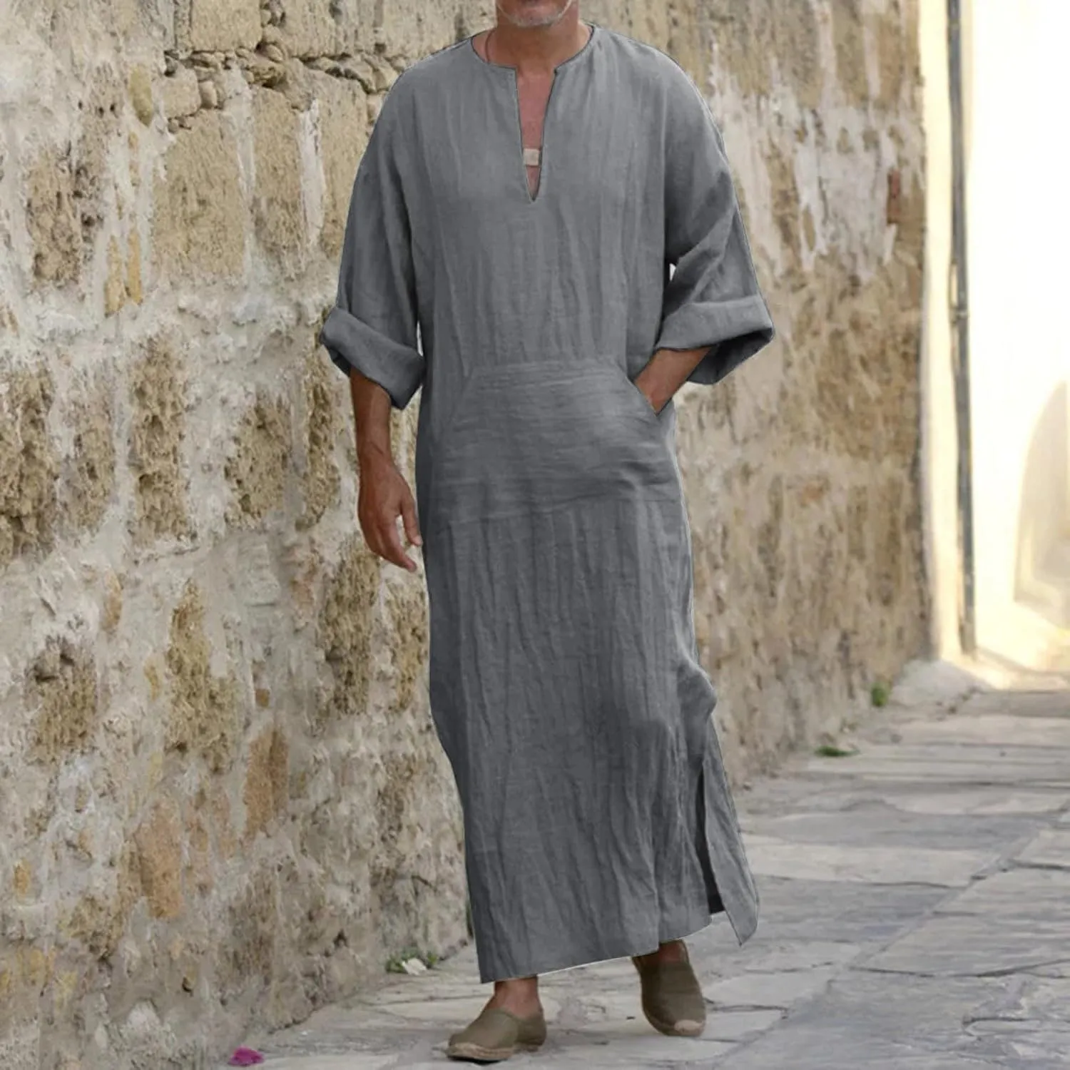 Muslim Robe Kaftan for Men Long Sleeve Solid V Neck Shirts Linen Kaftan Muslim Long Gown Side Split Ethnic Thobe Robe