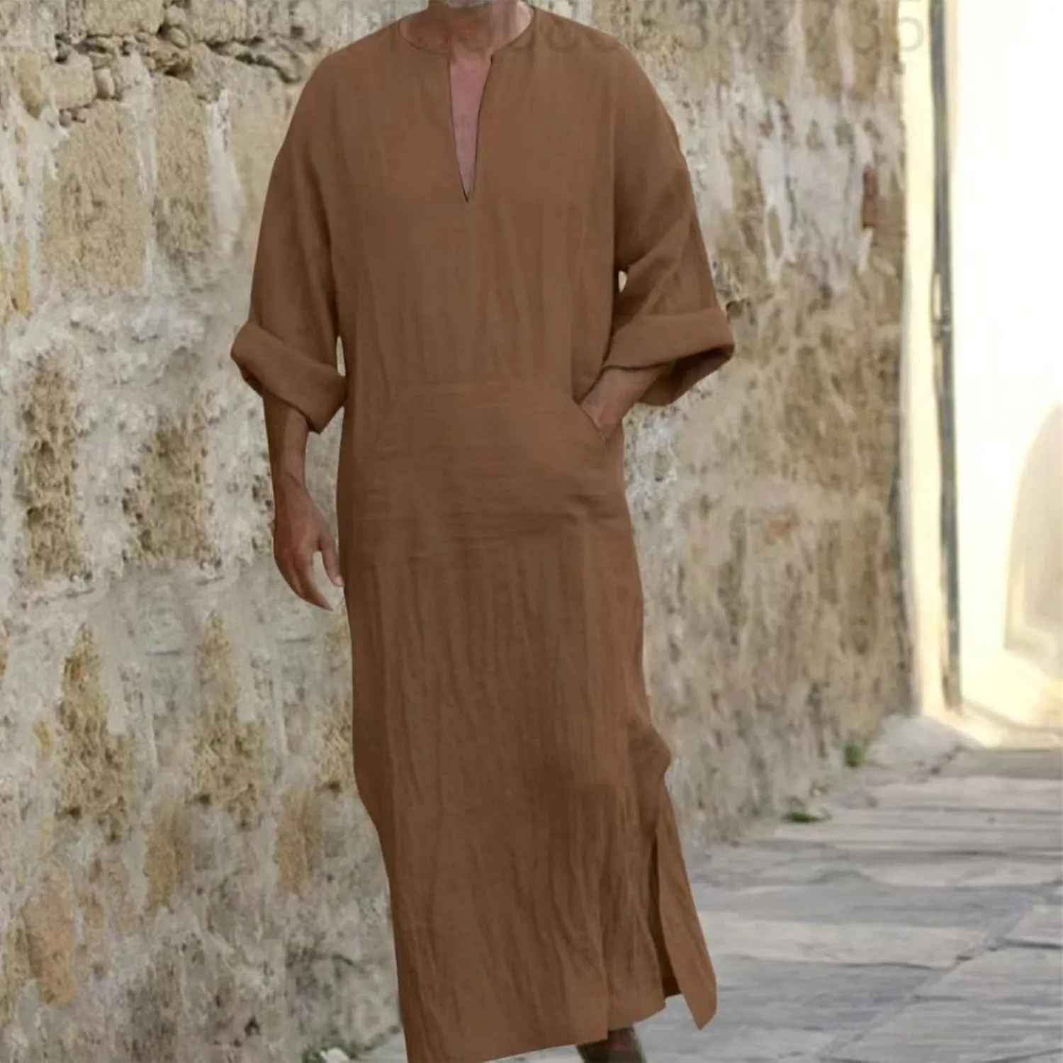 Muslim Robe Kaftan for Men Long Sleeve Solid V Neck Shirts Linen Kaftan Muslim Long Gown Side Split Ethnic Thobe Robe