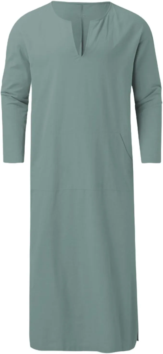 Muslim Robe Kaftan for Men Long Sleeve Solid V Neck Shirts Linen Kaftan Muslim Long Gown Side Split Ethnic Thobe Robe