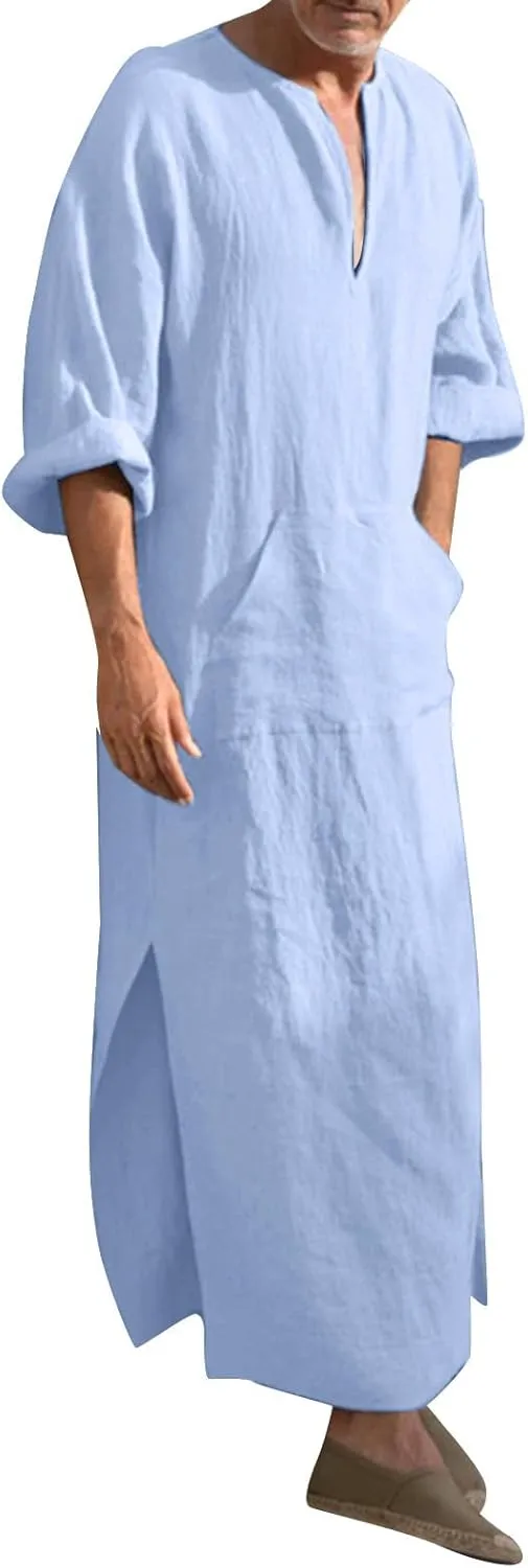 Muslim Robe Kaftan for Men Long Sleeve Solid V Neck Shirts Linen Kaftan Muslim Long Gown Side Split Ethnic Thobe Robe