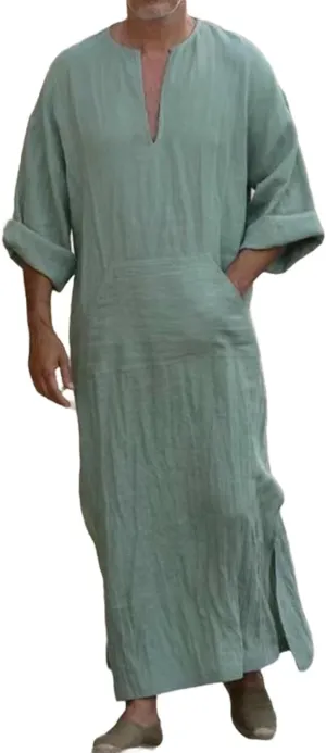 Muslim Robe Kaftan for Men Long Sleeve Solid V Neck Shirts Linen Kaftan Muslim Long Gown Side Split Ethnic Thobe Robe