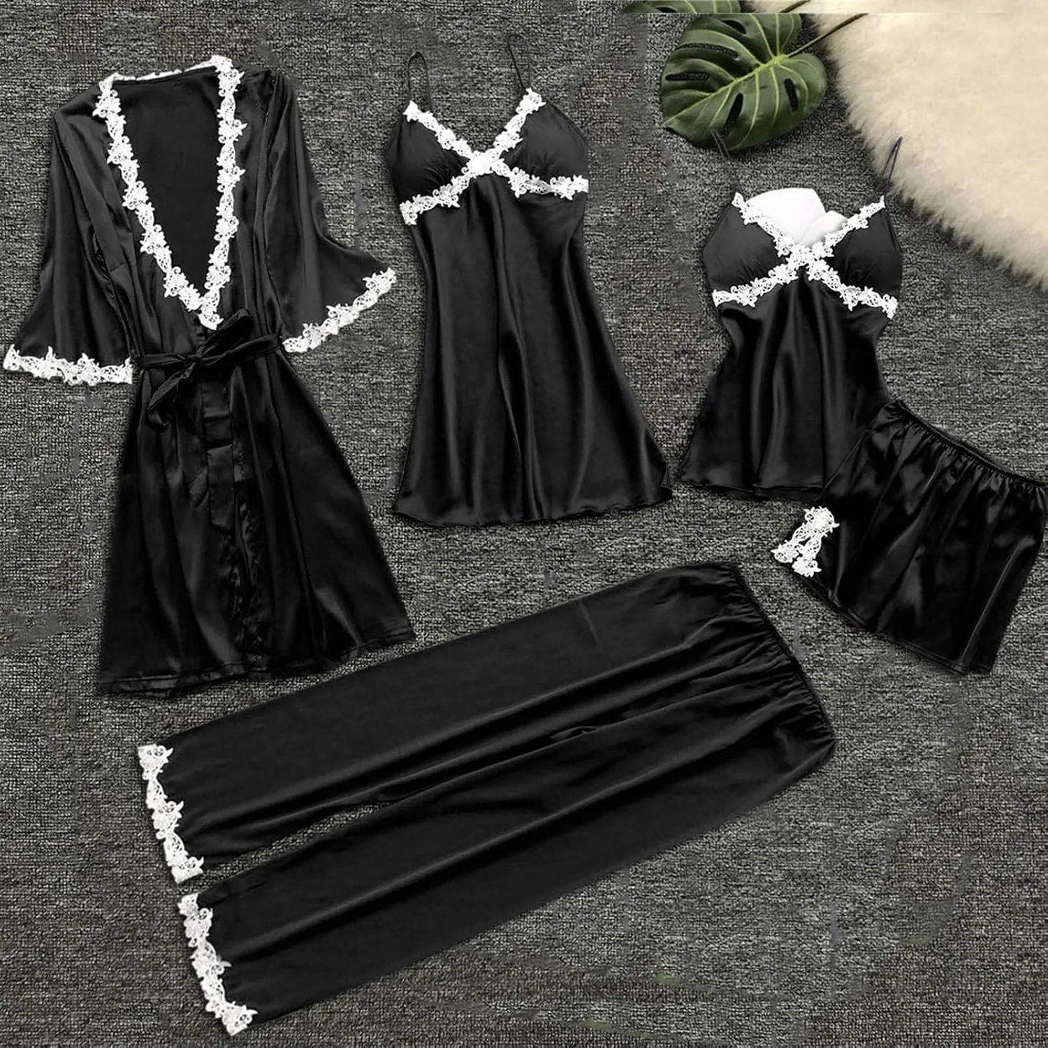 Mzkdieey Women 5 Pieces Silk Satin Pajamas Set Sexy Floral Lace Lingerie Sets Cami Shorts Set Sleepwear Loungewear with Robe