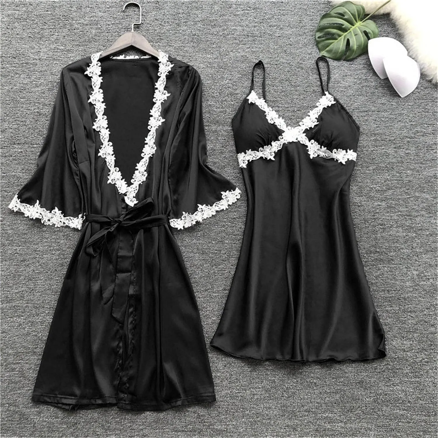 Mzkdieey Women 5 Pieces Silk Satin Pajamas Set Sexy Floral Lace Lingerie Sets Cami Shorts Set Sleepwear Loungewear with Robe