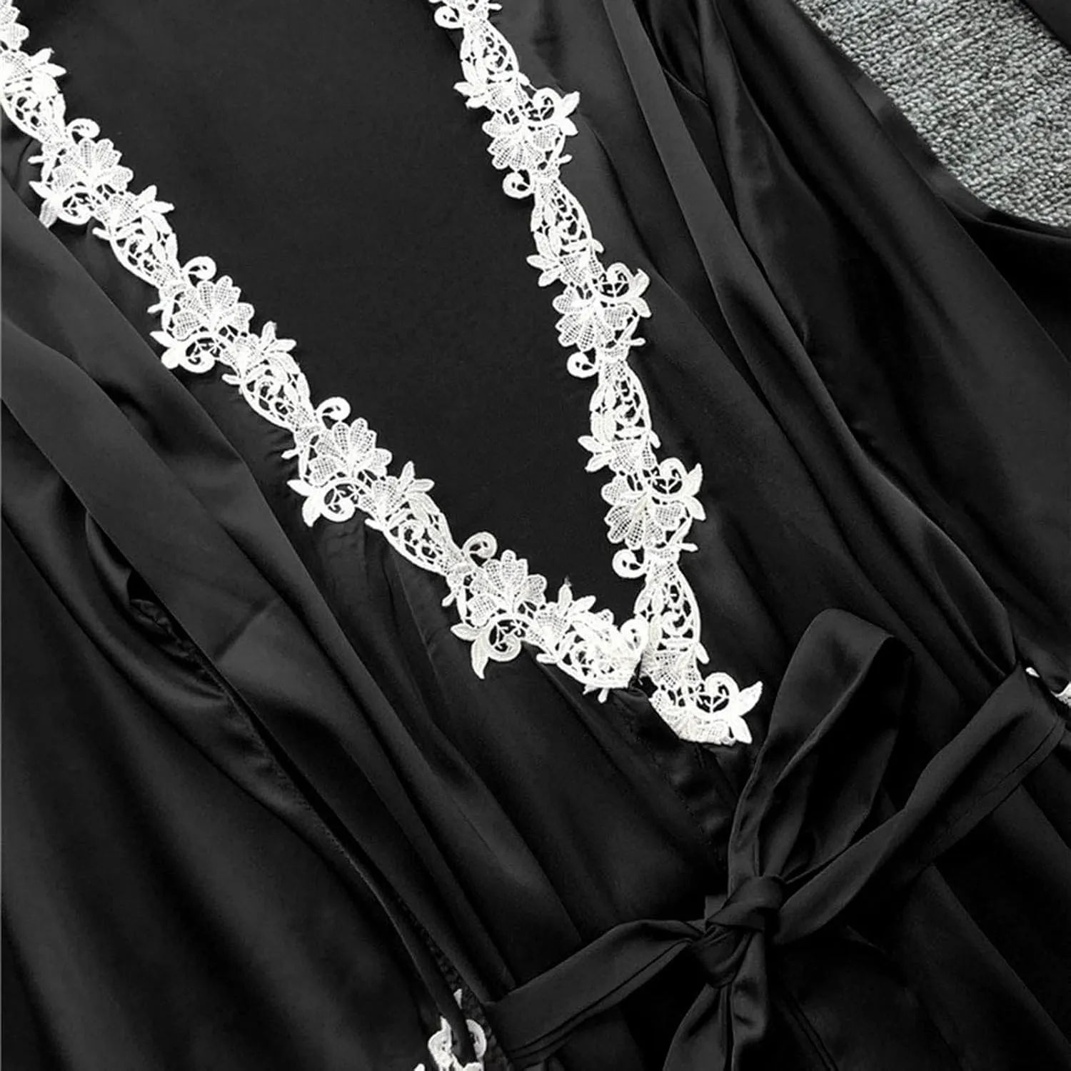 Mzkdieey Women 5 Pieces Silk Satin Pajamas Set Sexy Floral Lace Lingerie Sets Cami Shorts Set Sleepwear Loungewear with Robe