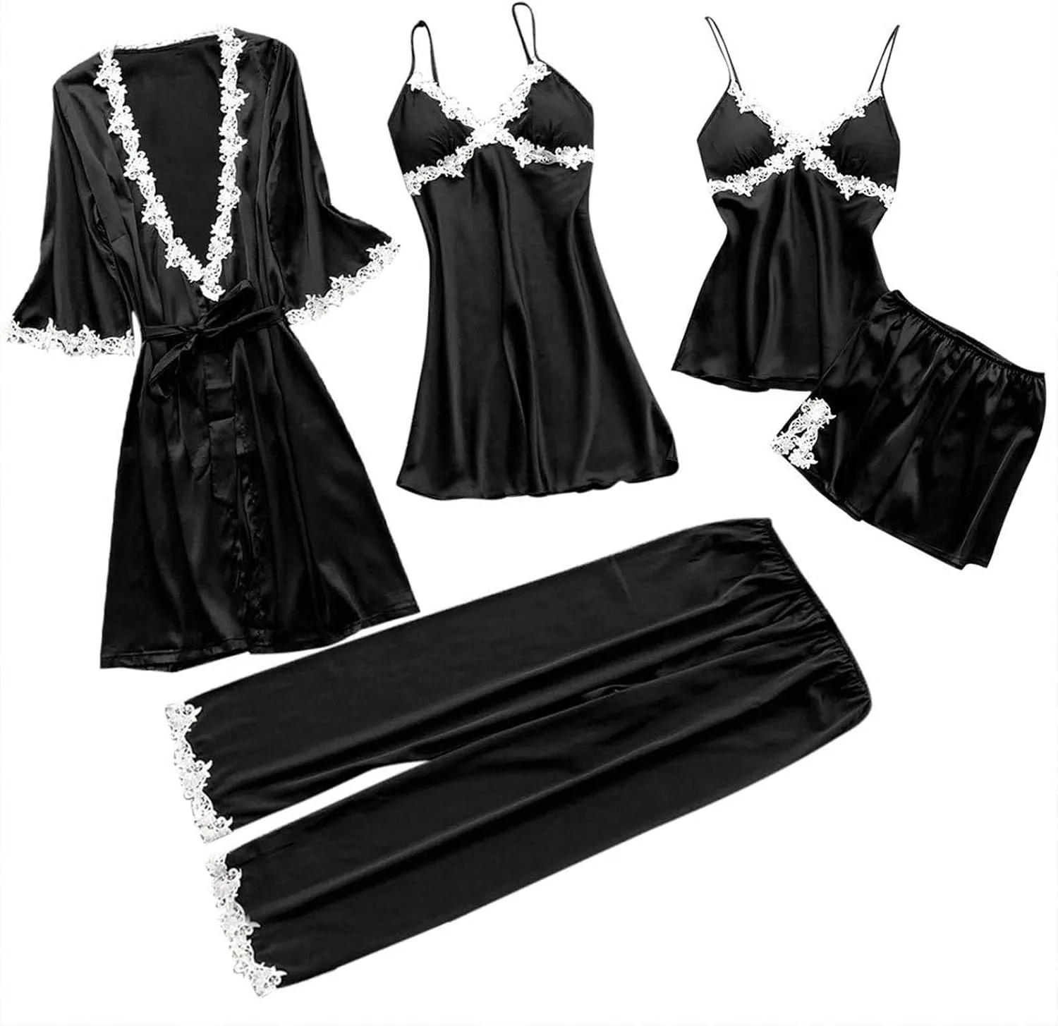 Mzkdieey Women 5 Pieces Silk Satin Pajamas Set Sexy Floral Lace Lingerie Sets Cami Shorts Set Sleepwear Loungewear with Robe