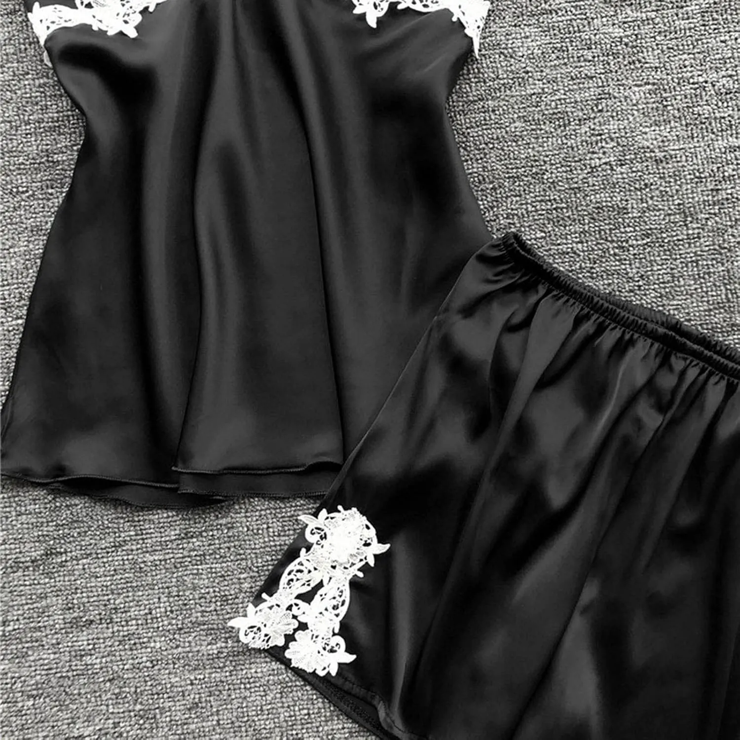 Mzkdieey Women 5 Pieces Silk Satin Pajamas Set Sexy Floral Lace Lingerie Sets Cami Shorts Set Sleepwear Loungewear with Robe