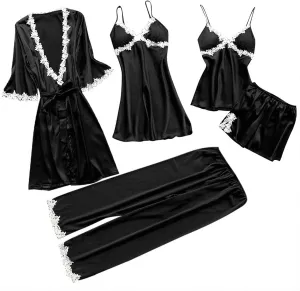 Mzkdieey Women 5 Pieces Silk Satin Pajamas Set Sexy Floral Lace Lingerie Sets Cami Shorts Set Sleepwear Loungewear with Robe