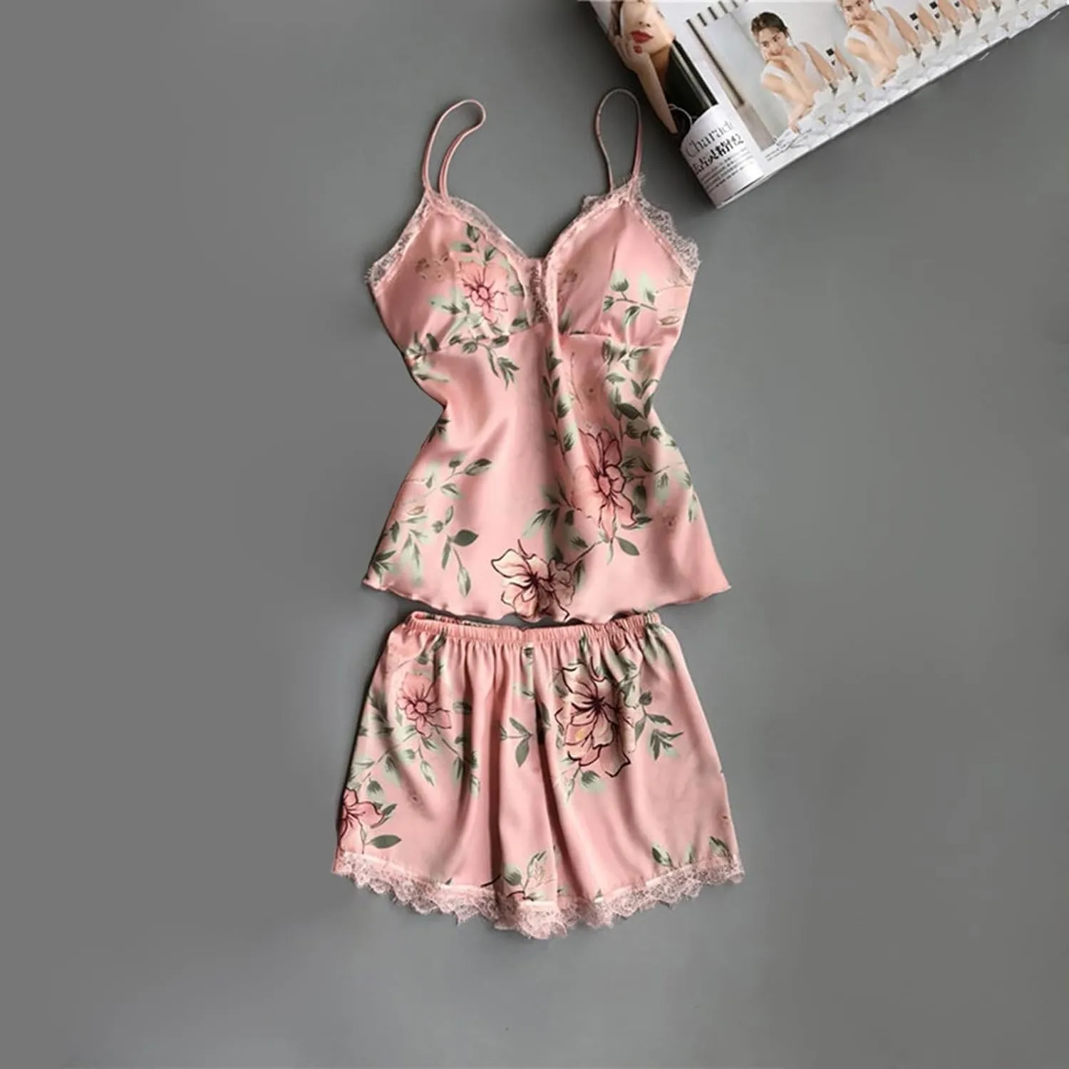 Mzkdieey Women's 4 Pieces Silk Satin Pajamas Set Lingerie Floral Lace Sleepwear with Robe Camisole Shorts Nightgowns Outfits