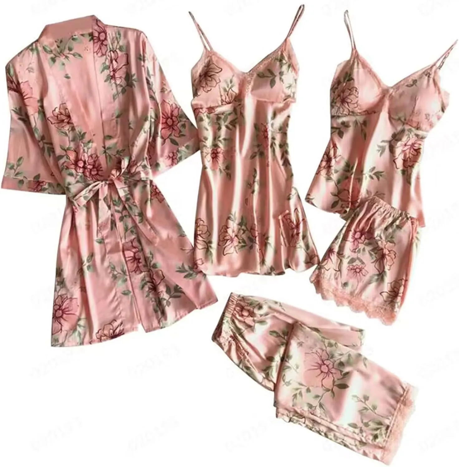 Mzkdieey Women's 4 Pieces Silk Satin Pajamas Set Lingerie Floral Lace Sleepwear with Robe Camisole Shorts Nightgowns Outfits