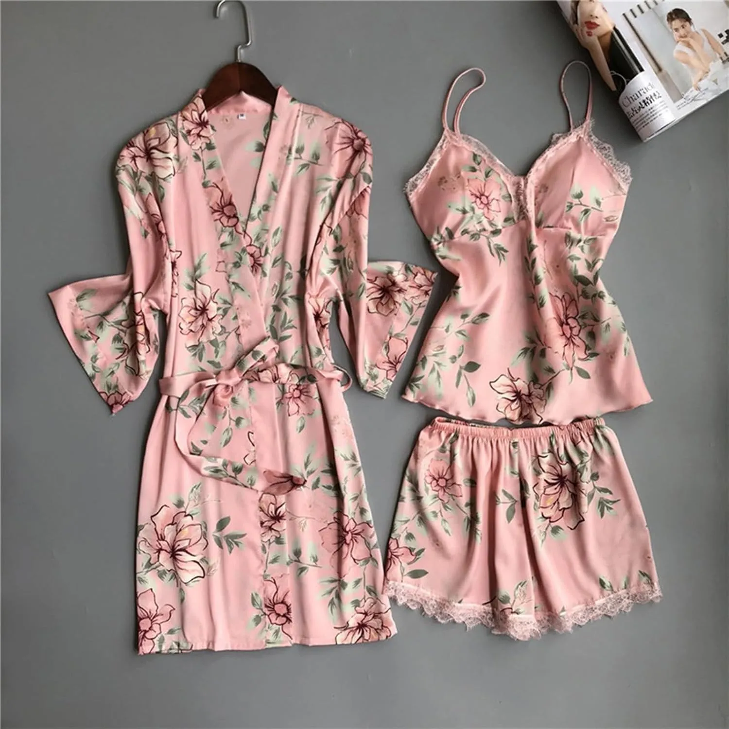 Mzkdieey Women's 4 Pieces Silk Satin Pajamas Set Lingerie Floral Lace Sleepwear with Robe Camisole Shorts Nightgowns Outfits