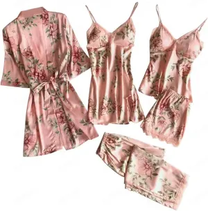 Mzkdieey Women's 4 Pieces Silk Satin Pajamas Set Lingerie Floral Lace Sleepwear with Robe Camisole Shorts Nightgowns Outfits