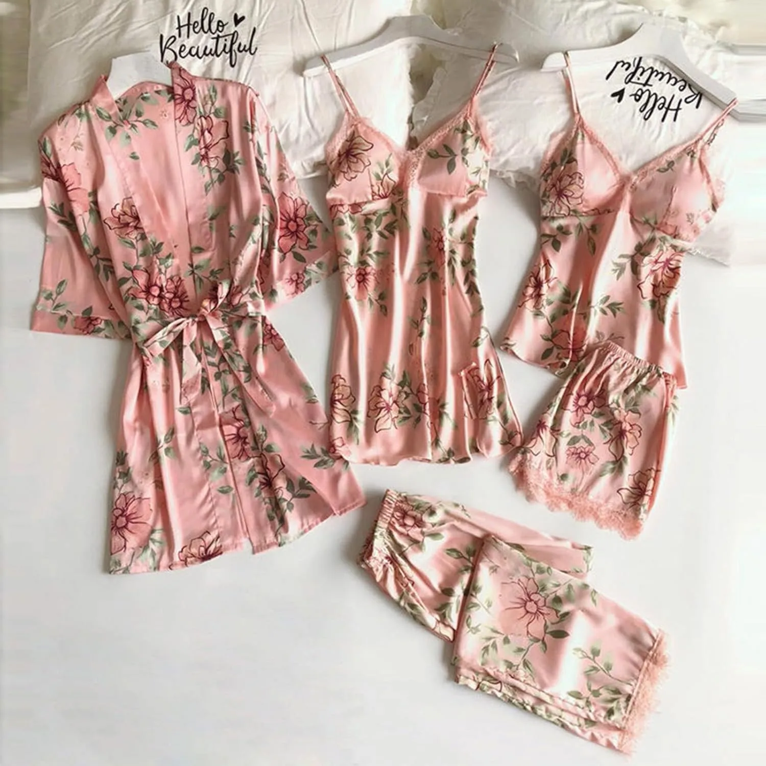 Mzkdieey Women's 4 Pieces Silk Satin Pajamas Set Lingerie Floral Lace Sleepwear with Robe Camisole Shorts Nightgowns Outfits